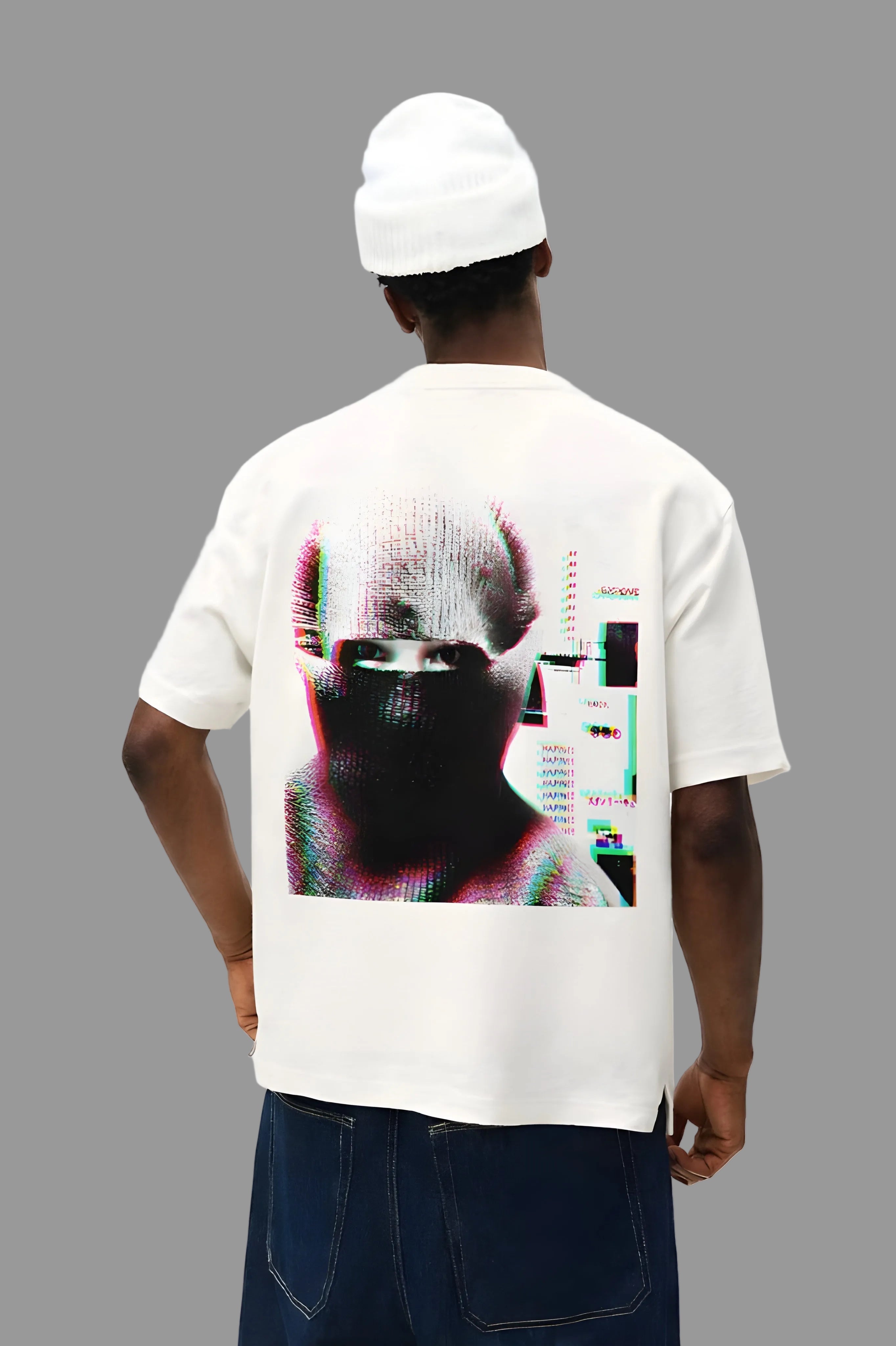 Cyber Mask Oversized Graphic T-Shirt for Men | Glitch Art Back Print Tee